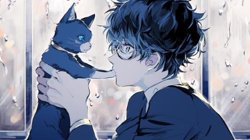 persona 5 for desktop, kurusu akira, anime boy, cat, glasses, profile view, cute