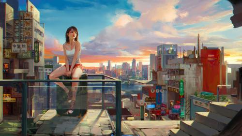 Asian Girl Sitting on Roof Side