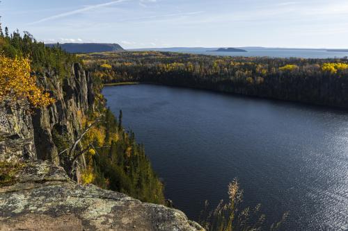 Lookout at Ruby Lake Provincial Park near Nipigon, ON, Canada. Foreground: Ruby Lake. Background: Nipigon Bay