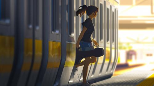 Girl getting out of the train