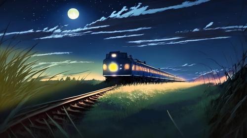 Anime train at night