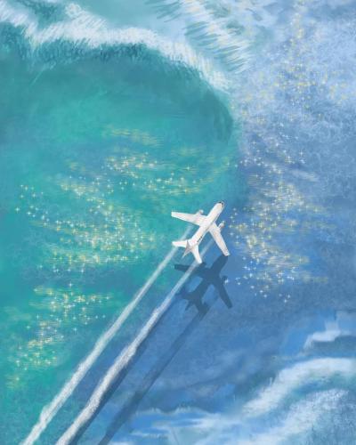 My digital painting, plane between two seas, me, 2022