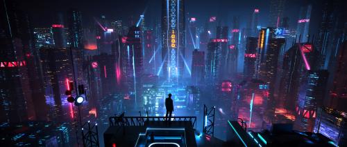 Futuristic digital art of men and city at night, Neon, Science Fictional