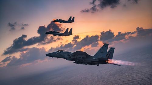 Three F15 eagles from the 133 Squadton of the Israeli Air Force .