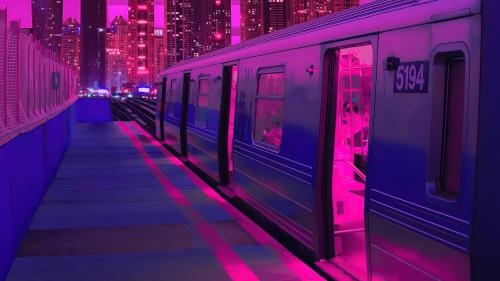 Train Neon Synthwave Buildings
