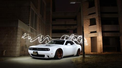 White Muscle Car in Dark Alleyway with Still-light lines at back