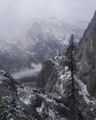 Winter storm warning, Yosemite National Park, CA, USA