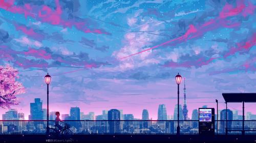 Blue and pink sky painting wallpaper