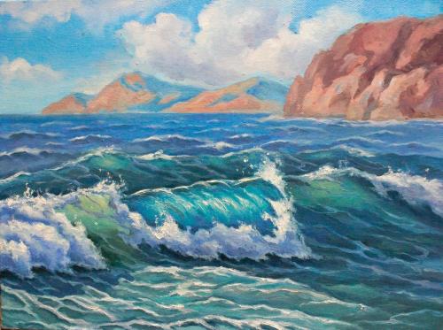 My oil painting. Waves near the shore. Oil on canvas. 2021