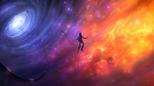 Floating Astronaut, Colorful Nebula, Dreamy, Orange, Two Paths