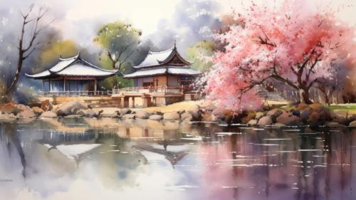 Watercolor Serene Japanese Painting AI Generated