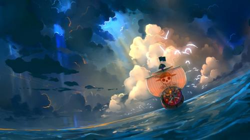 one piece for desktop, thousand sunny, ship, ocean, clouds, artwork