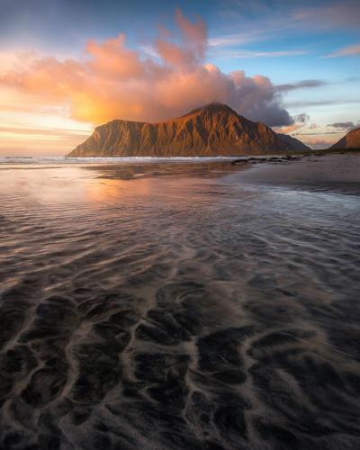 Skagsanden beach at sunset, Lofoten Islands, Norway