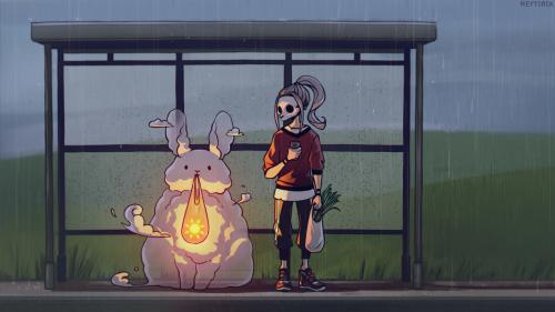 Neytirix and Cloudy Fluffy Rabbit in a Bus Stop