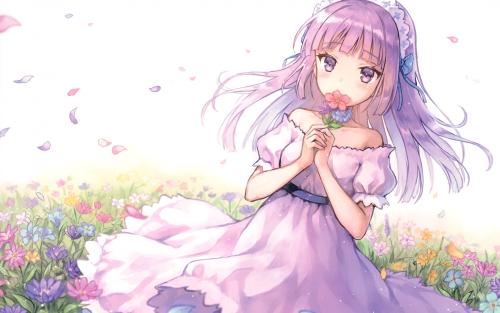 Softly drawn pink/lilac girl in a flower field | Wallpaper