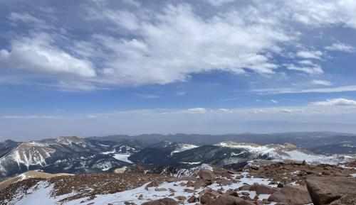 Pikes Peak, Colorado, USA - April 11, 2022 - facing southeast -