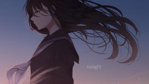 anime girl for desktop, sad, school uniform, windy, black hair, profile view