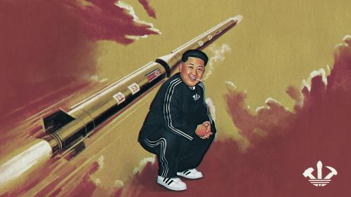 Adidas, but the Soviet communist party version—feat. a very happy Kim Jong Un squatting and smoking a cigarette in front of a North Korean rocket