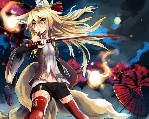 Wallpaper female anime character with yellow hair, anime girls, weapon