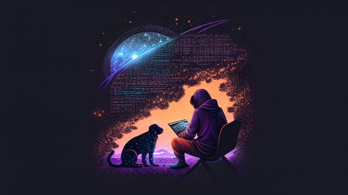 A programmer with his dog coding the universe