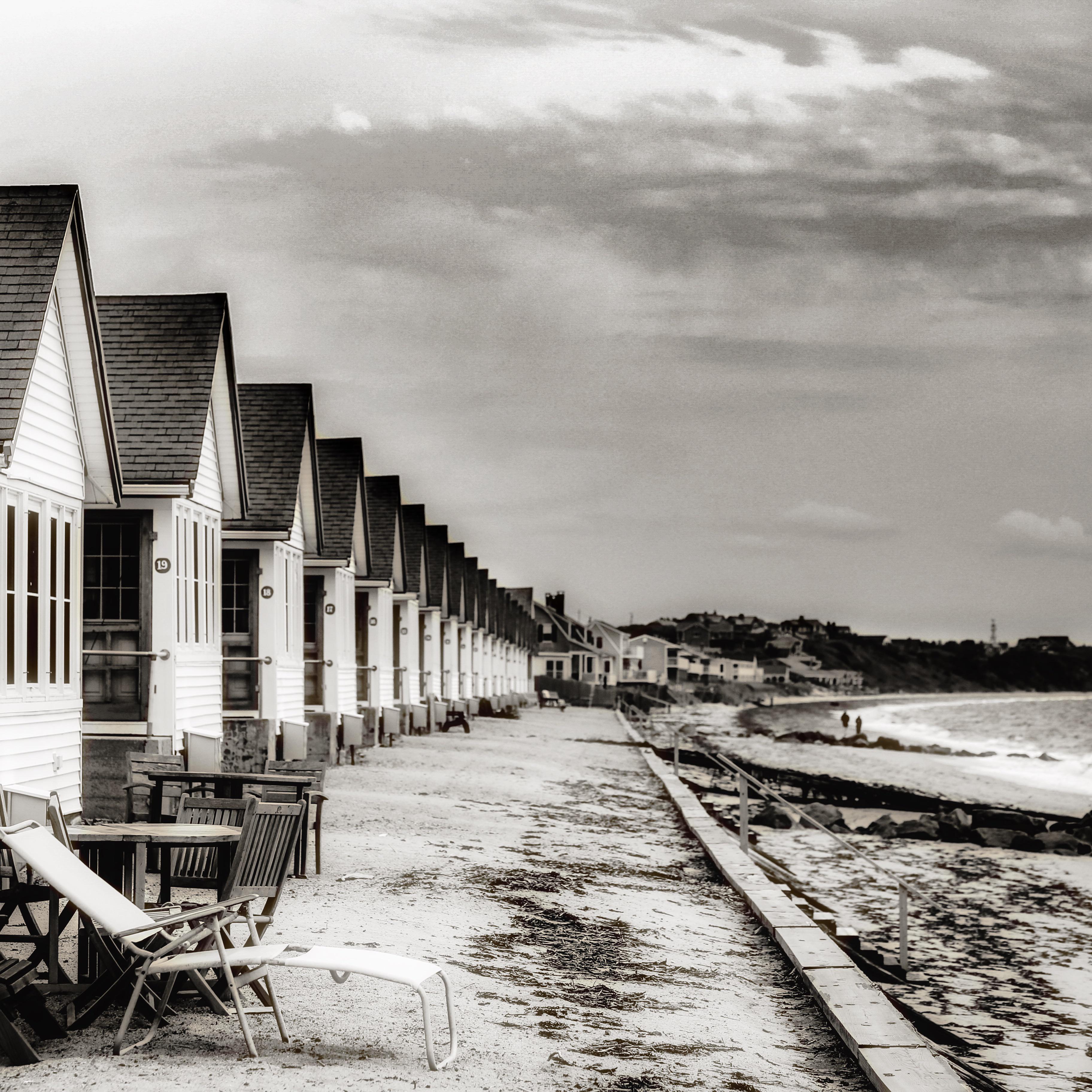 B&amp;W shot of Cottages along Cape Cod Bay in Truro, Ma